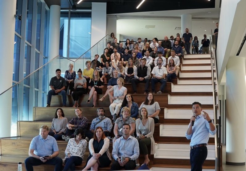 Carson team on the sit-stairs during an all-employee event